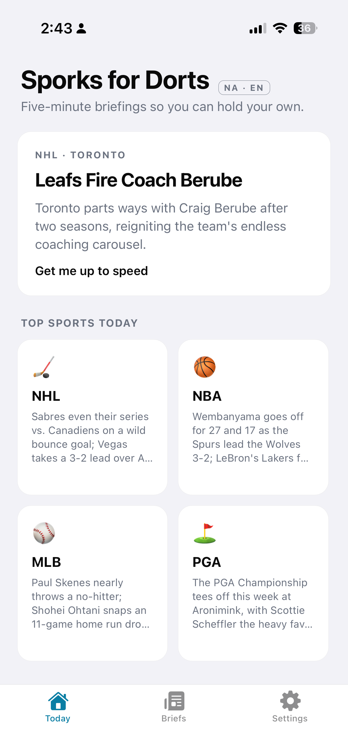 Sporks for Dorts home screen showing today's sports briefing