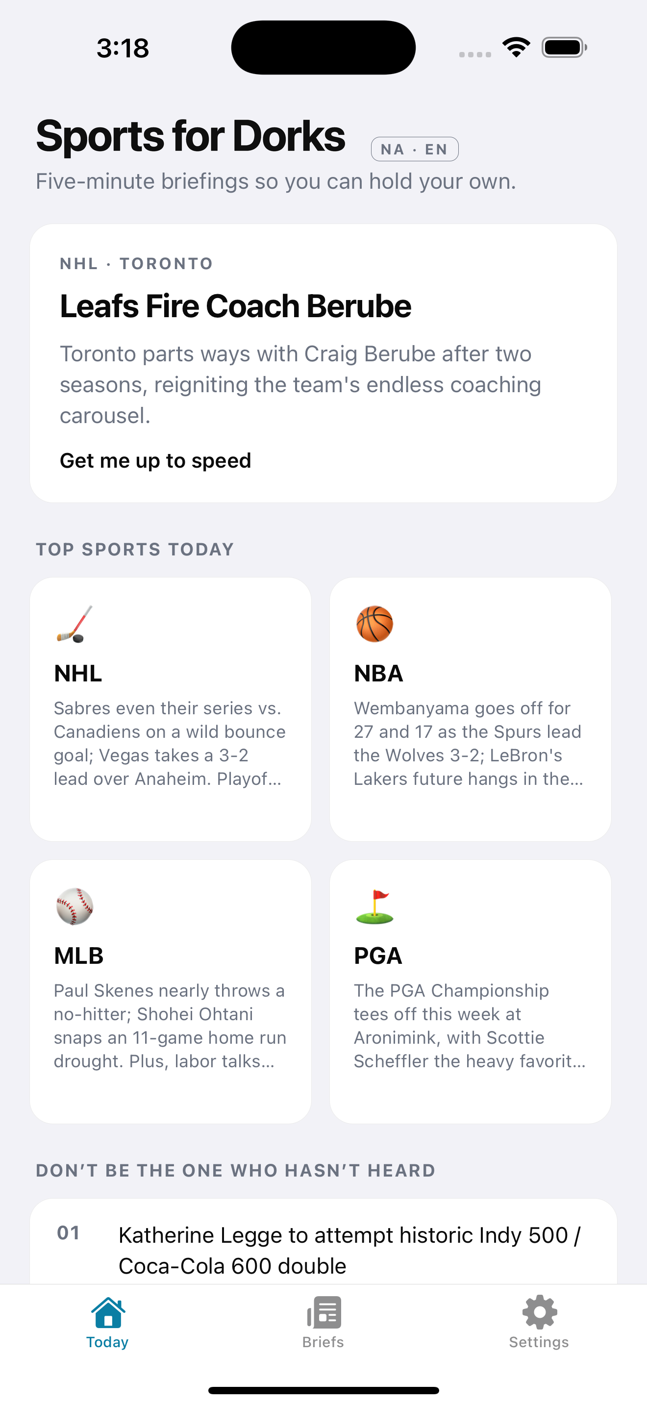 Sports for Dorks home screen showing today's sports briefing